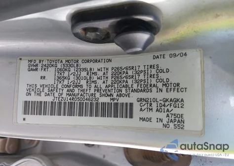 2005 Toyota 4Runner Sr5 V6 из США, поврежденный, VIN JTEZU14R050046232